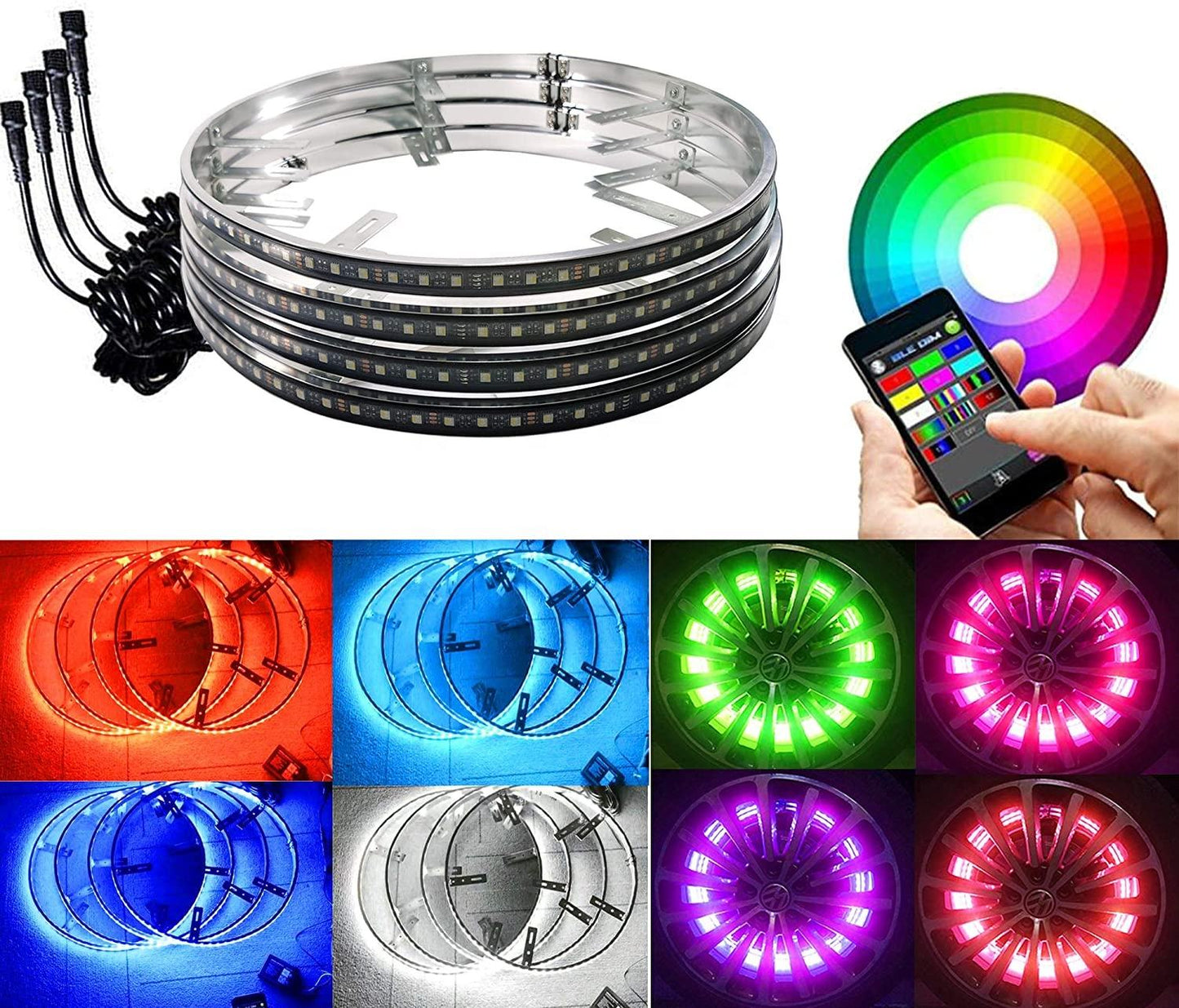 4pc RGBW chasing color 15 inch Single Row App Controlled LED Wheel Ring Light kit with Turn and brake Signal Light