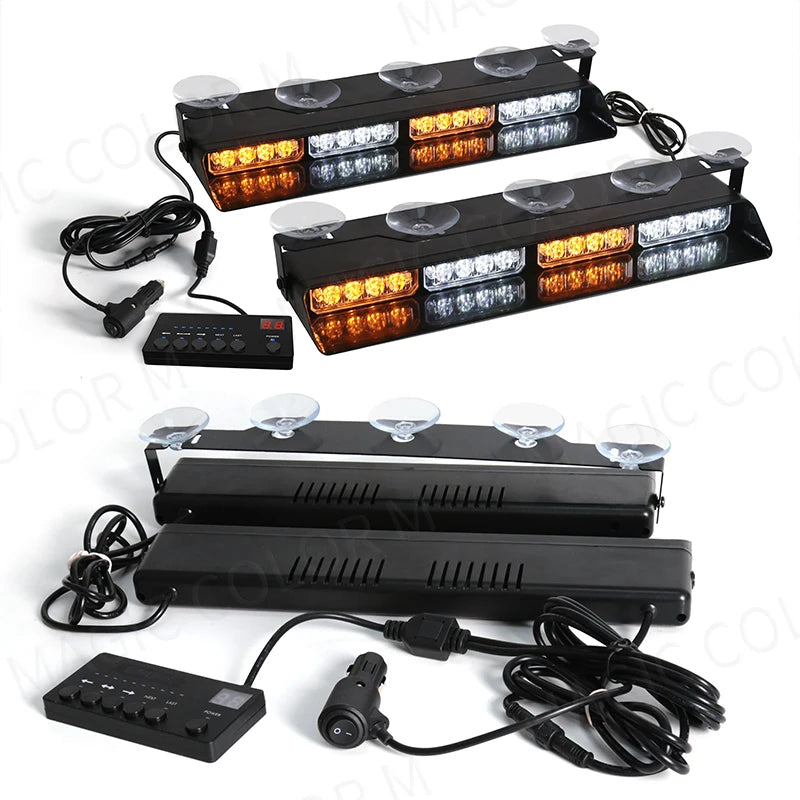 32 LED Car Strobe Lights 2-in-1 For Emergency Flash Warning Lamp Windshield Bar Red Blue Amber White Waterproof