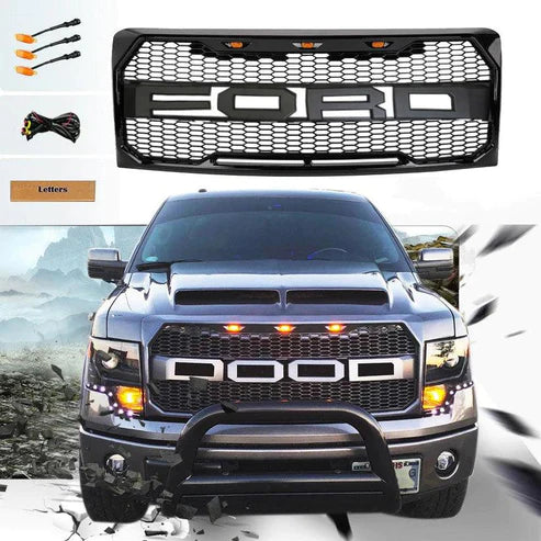 2009-2014 Ford F-150 Raptor Style Front Grille with Letters & Amber LED Lights Matte Black