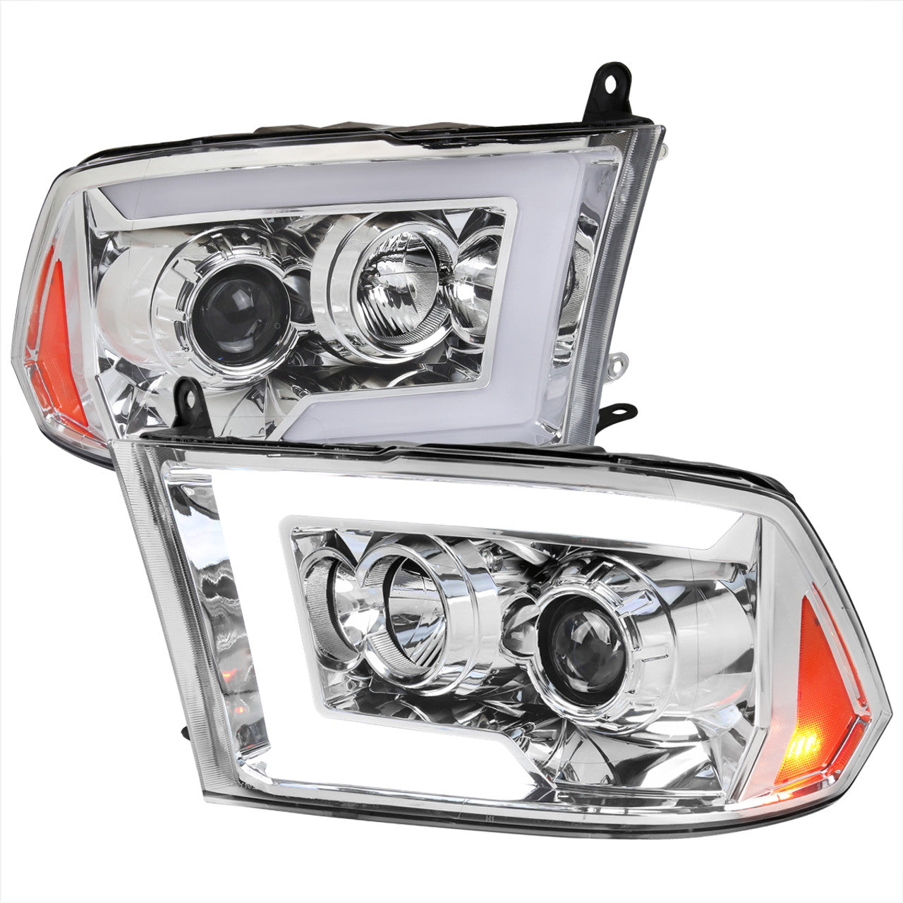 2009-2018 Dodge RAM 1500 / 2019-2021 RAM Classic / 2010-2018 RAM 2500 3500 Switchback Sequential LED C-Bar Projector Headlights (Chrome Housing/Clear Lens)