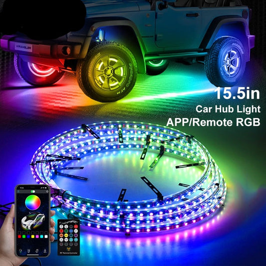 4Pcs 15.5 In Wheel lights LED  Neon Lamp With Brake Steering APP/Remote RGB Hub Light Auto Assesories