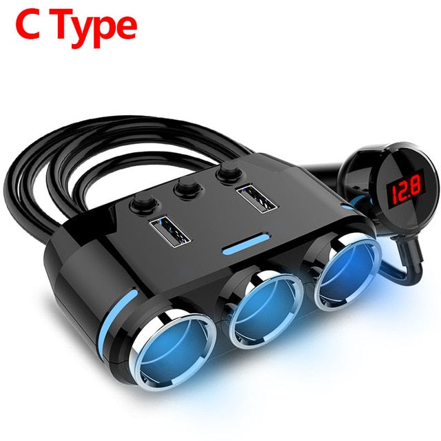 12V-24V 3-outlet Car Cigarette Lighter USB Charger Adapter